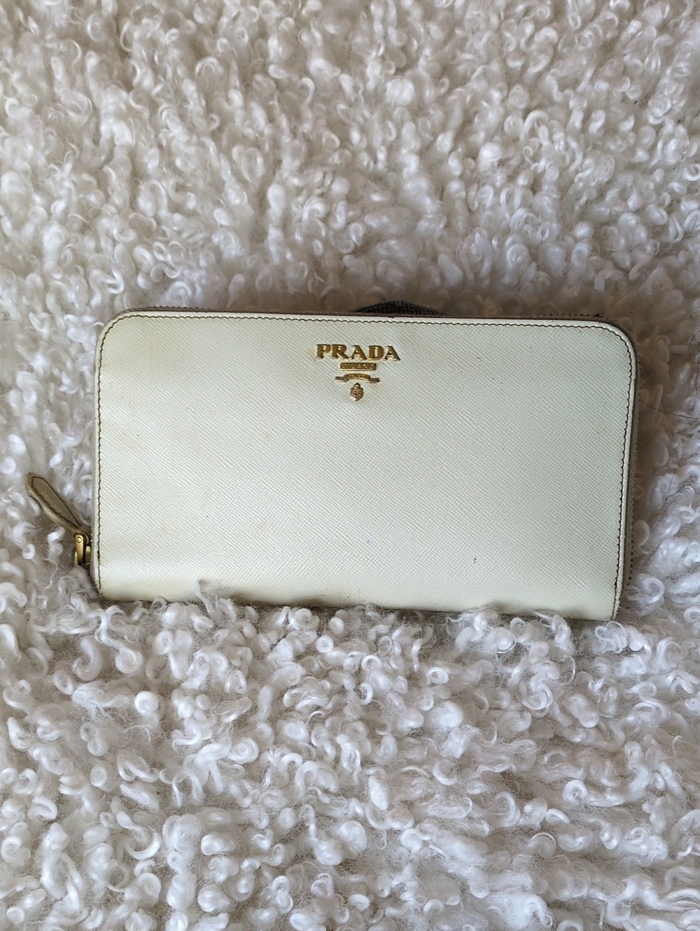 Prada Cream Saffiano Zip Wallet with Gold Hardware